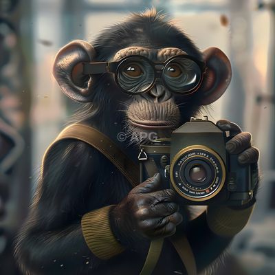 Der fotografierende Schimpanse mit Vintage-Kamera und Fliegerbrille